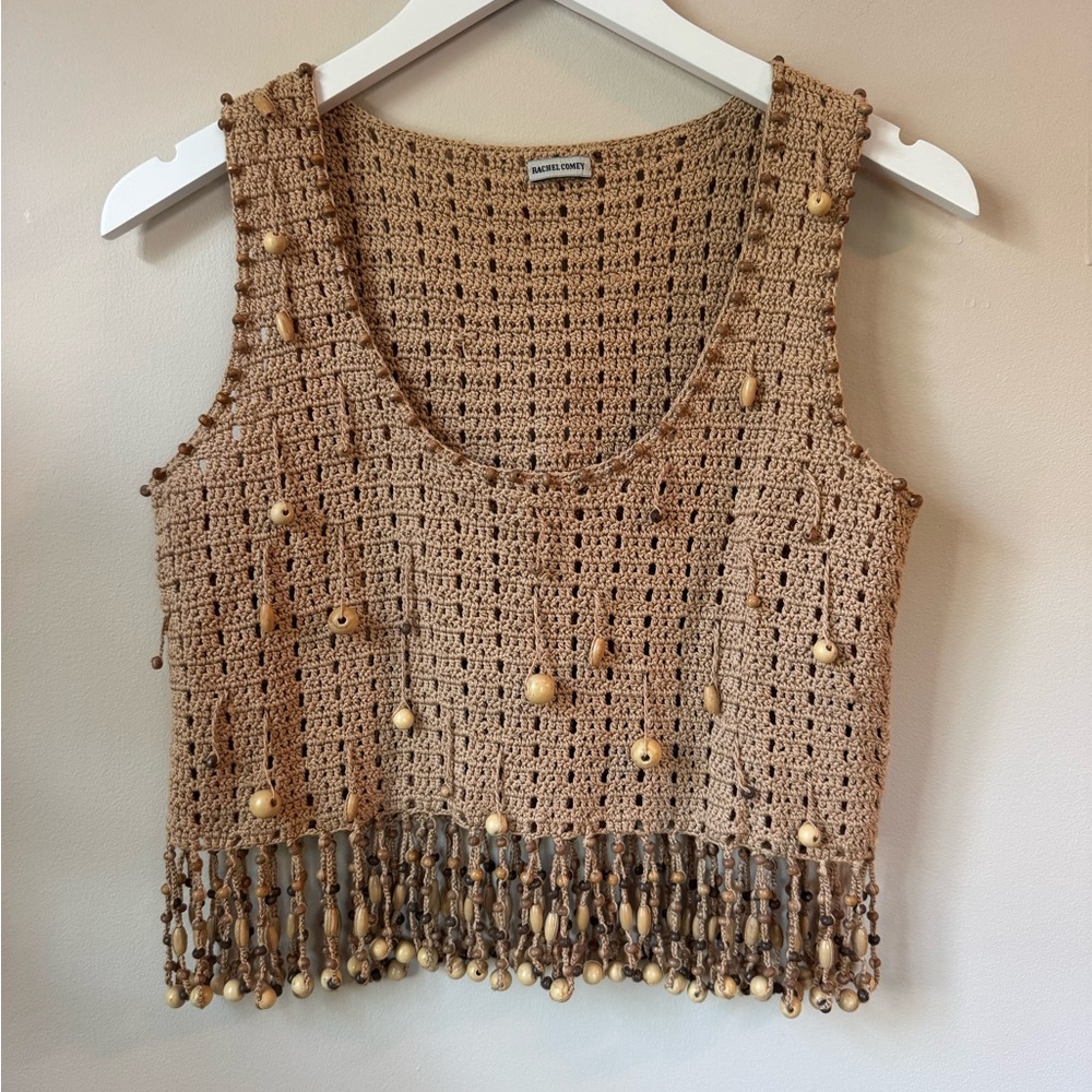 Rachel Comey Tan Crochet Beaded Fringe Tank Size Small